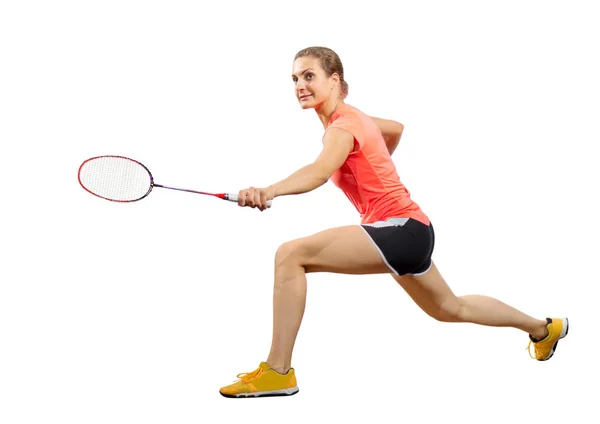 Jovem mulher badminton jogador (ver sem shuttlecock ) — Fotografia de Stock