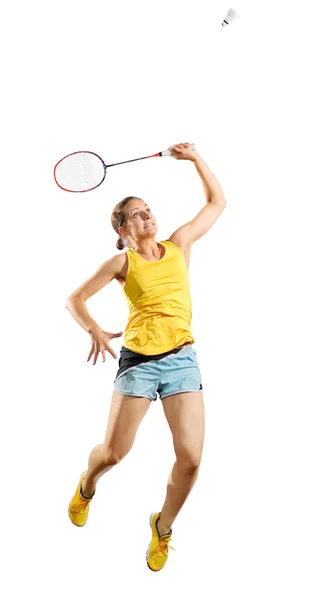 Junge Badmintonspielerin (ver mit Federball) — Stockfoto