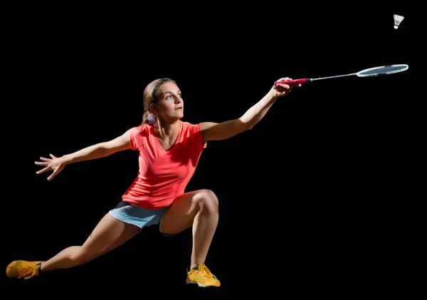 若い女性バドミントン選手 (羽根とバージョン) — ストック写真