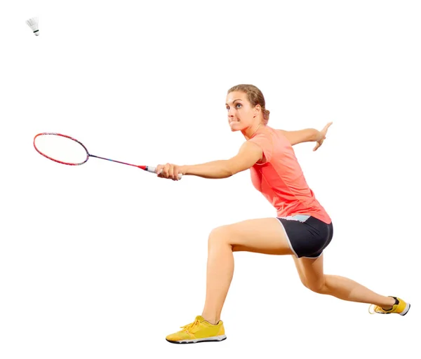 Young woman badminton player (version with shuttlecock) — Stock Photo, Image