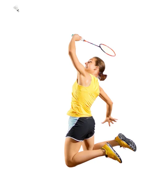 Jonge vrouw badminton-speler (versie met shuttle) — Stockfoto