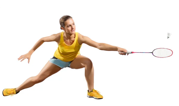 Badmintonista młoda kobieta na białym tle — Zdjęcie stockowe