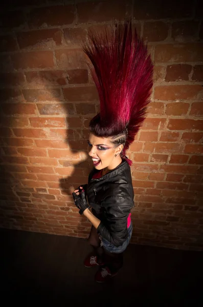 Punk girl on brick wall background — Stock Photo, Image