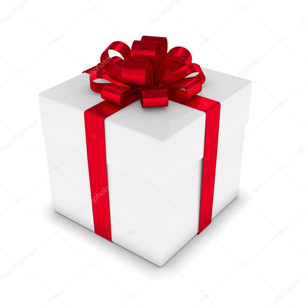 3d rendering of white gift box with red ribbonover white