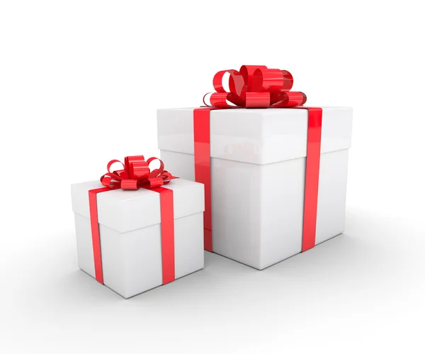 Rendu 3d de boîtes-cadeaux blanches avec ruban rouge isolé sur w — Photo
