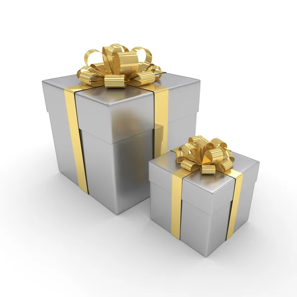 3d rendering of silver gift boxes with golden ribbon isolated ov — Stock Photo, Image