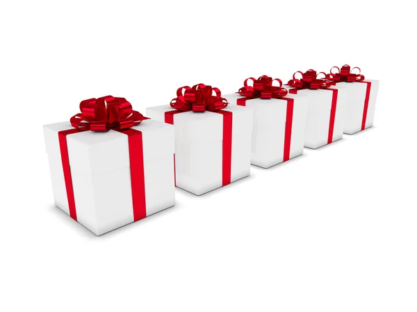 3d representación de cajas de regalo en fila aislado sobre blanco — Foto de Stock
