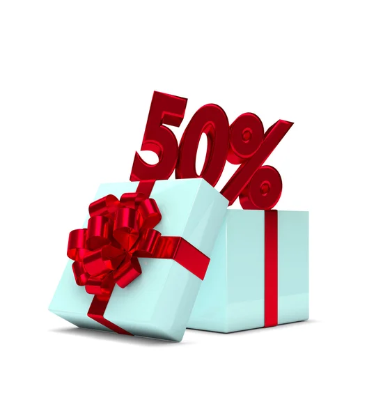 3d rendering della confezione regalo con 50% sconto isolato su bianco — Foto Stock