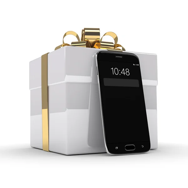 Rendering 3d di smartphone con scatola regalo isolata su bianco — Foto Stock