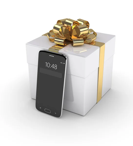 3D representación de teléfono inteligente con caja de regalo aislado sobre blanco —  Fotos de Stock