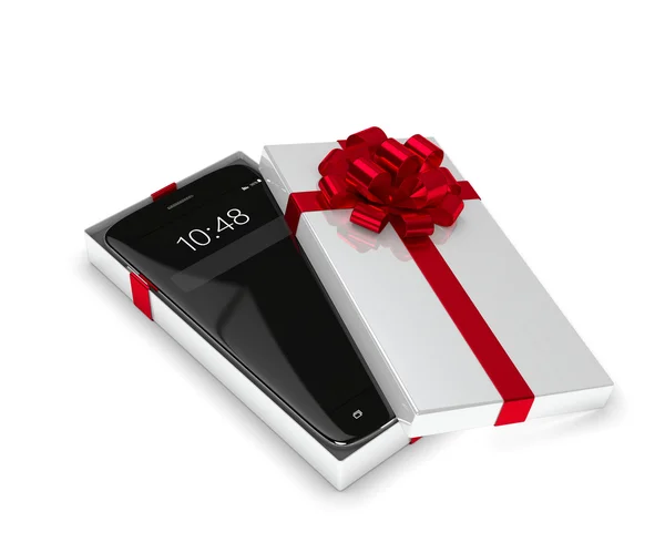 Rendering 3d di smartphone in confezione regalo isolata su bianco — Foto Stock