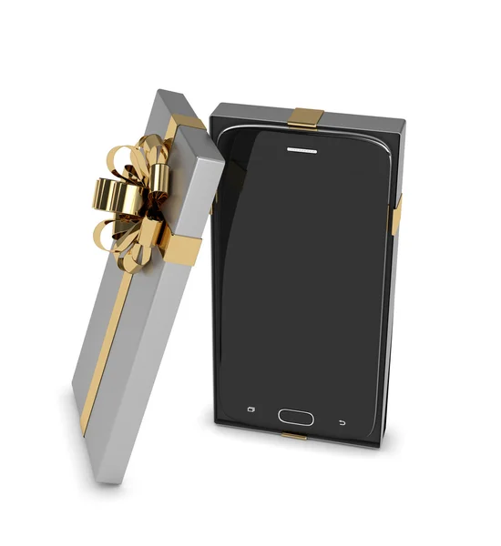 3d rendering of smartphone in gift box isolated over white — Stock Photo, Image