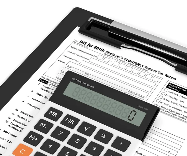 Employers quarterly federal tax return form and calculator — Stock Photo, Image