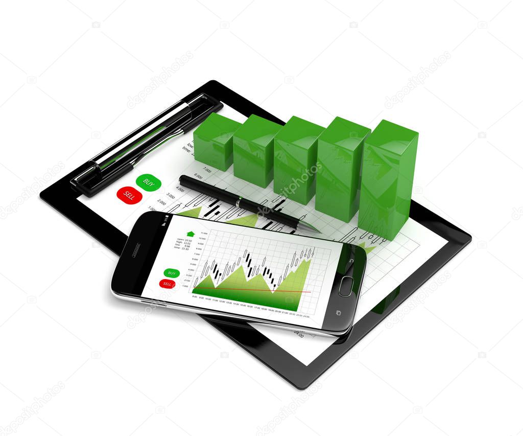 3d rendering of chart growth with mobile phone and clipboard