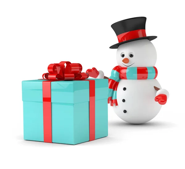 3d rendering of snowman with present over white — Stock Photo, Image