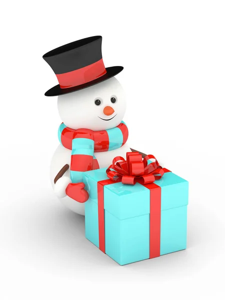 3d візуалізація сніговика з подарунком над білим — стокове фото