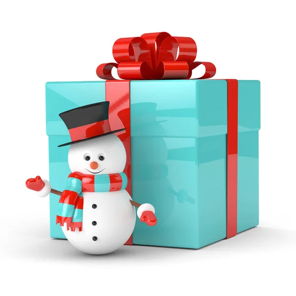 3d rendering of snowman with present over white — Stock Photo, Image