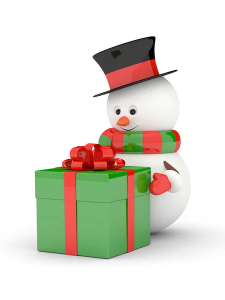 Kardan adam beyaz üzerinde hediye ile 3D render — Stok fotoğraf