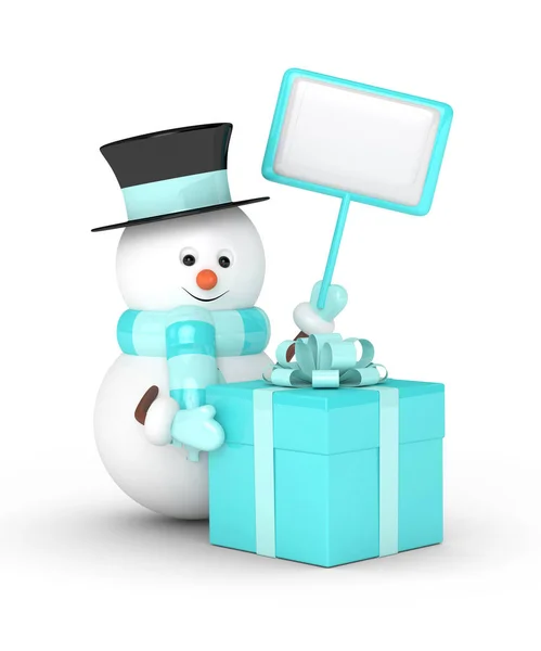 3D-Darstellung eines Schneemanns, der ein leeres Brett über Weiß hält — Stockfoto
