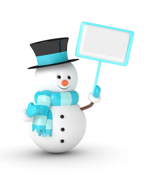 3d renderização de boneco de neve segurando uma placa em branco sobre branco — Fotografia de Stock