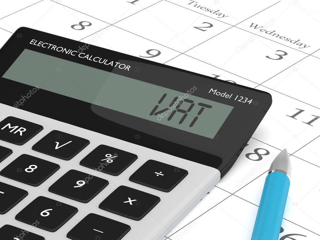 3d rendering of calculator wit vat text nad calendar