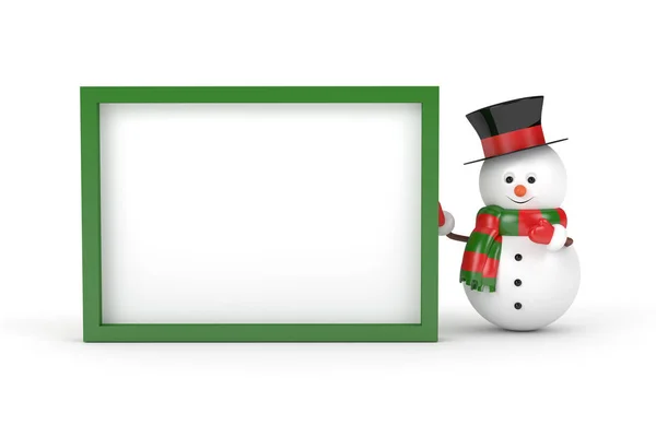 3d rendering of snowman holding a blank board over white — Stock Photo, Image