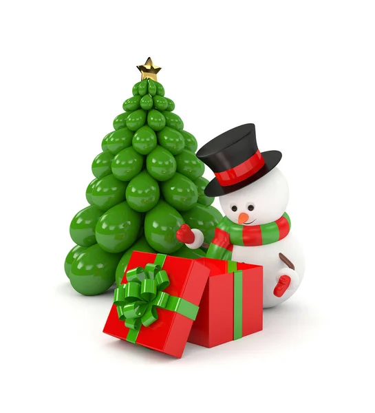 3d rendering of snowman with present over white — Stock Photo, Image