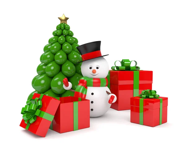 3d rendering of snowman with presents over white — Stock Photo, Image