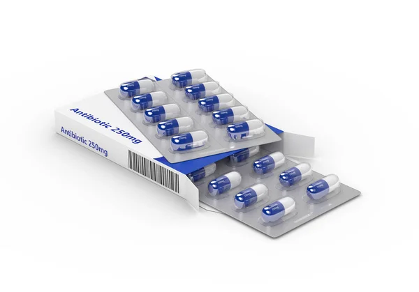 Τρισδιάστατη απεικόνιση του αντιβιοτικά χάπια φουσκάλα στο πακέτο απομονωμένη πάνω w — Φωτογραφία Αρχείου