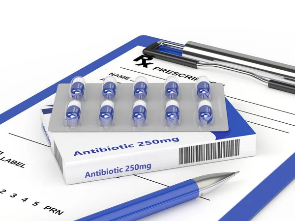 3d rendering of antibiotic pills in blister pack with prescripti — Stock Photo, Image