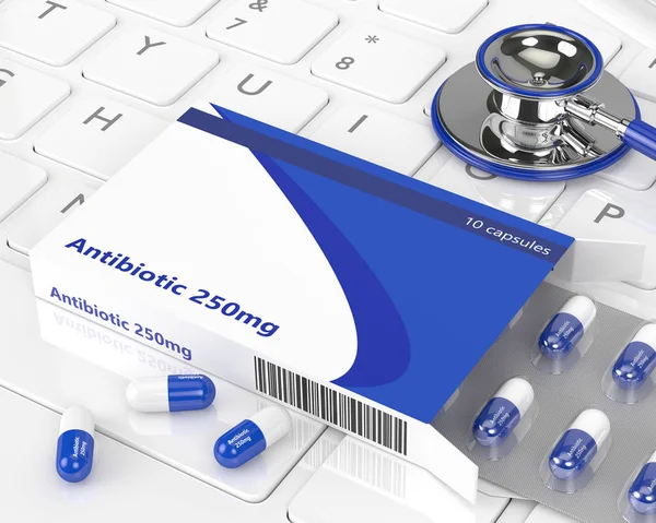 3D-rendering av antibiotika tabletter i blisterförpackning och stehoscope — Stockfoto