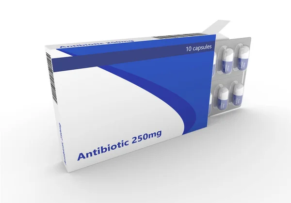 3d renderização de pílulas antibióticas em blister pack isolado sobre w — Fotografia de Stock