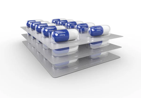 3d rendering of antibiotic pills in blister pack isolated over w — Stock Photo, Image