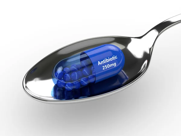 Rendering 3d di pillola antibiotica con granuli in cucchiaio sulla luce — Foto Stock