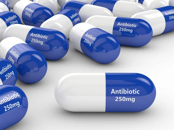 Tabletki antybiotyk na białym w renderingu 3D — Zdjęcie stockowe