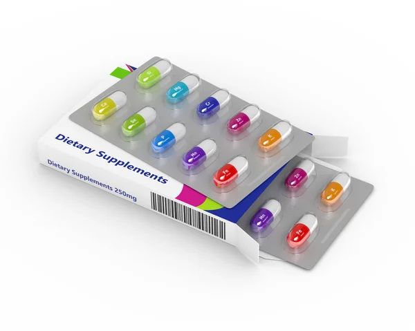 3d rendering of supplements pills blister in pack isolated over — Stock Photo, Image