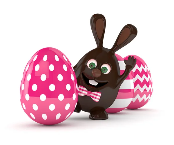 3d rendering of Easter chocolate bunny egg with painted eggs — Stock Photo, Image