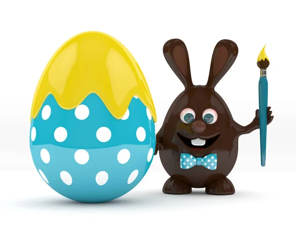 3d representación de huevo de conejito de chocolate de Pascua con huevo pintado —  Fotos de Stock