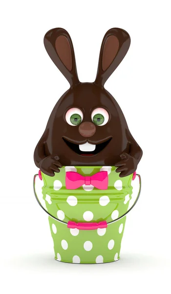 3d rendering of Easter chocolate bunny eggsitting in dotted pail — Stock Photo, Image