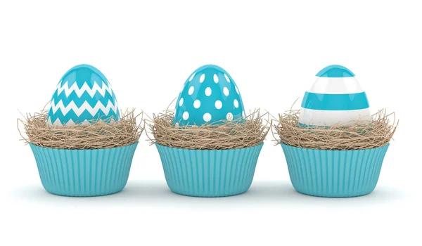 3d representación de huevos de Pascua en nidos de magdalenas — Foto de Stock
