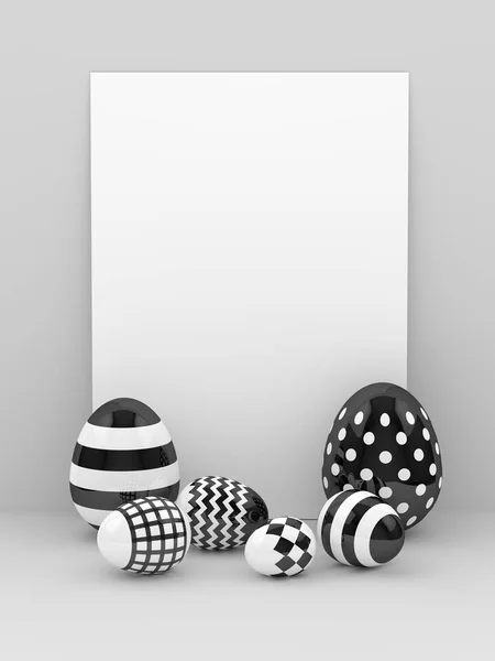 3D renderização de ovos de Páscoa com cartão de papel vazio — Fotografia de Stock