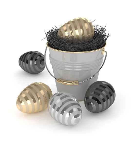 3D renderização de ovos de Páscoa com balde decorativo — Fotografia de Stock