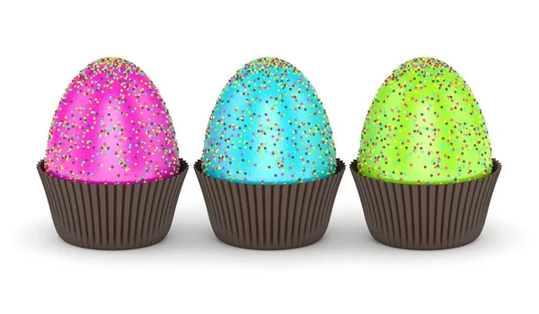 3d rendu des œufs de Pâques avec des saupoudres dans des papiers muffins — Photo
