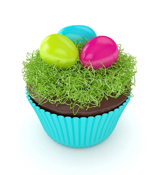 3d rendu de muffin de Pâques avec herbe et oeufs — Photo