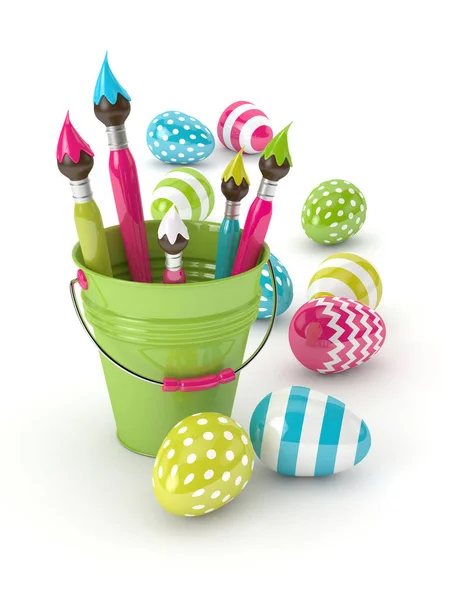 3d renderizado de huevos de Pascua y pinceles en cubo — Foto de Stock