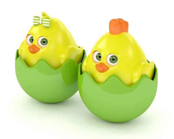 3d renderizado de pollitos de Pascua en cáscaras de huevo — Foto de Stock