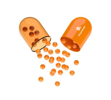 B3 vitamini kapsülü granülleri ile 3D render