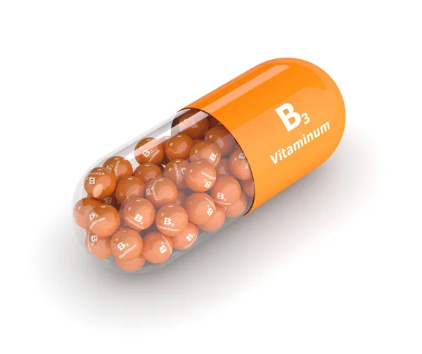 Renderização 3d da pílula de vitamina B3 sobre branco — Fotografia de Stock