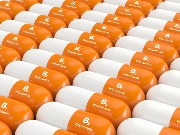 3d rendir de las píldoras de vitamina B3 en fila —  Fotos de Stock