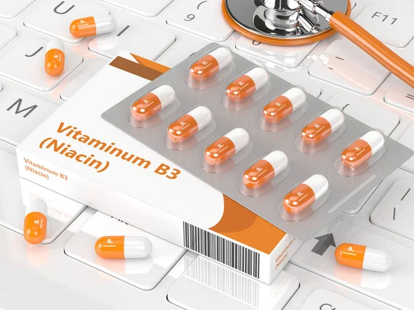 3d визуализация витамина В3 таблетки в коробке — стоковое фото